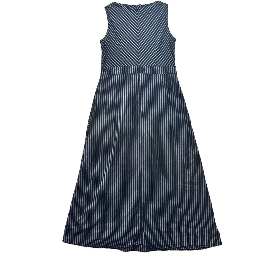 eShakti Striped Maxi Dress Sz L 14 Pockets Sleeveless Lined Navy Blue